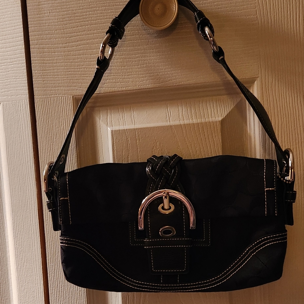 Coach Black Shoulder Bag with Textured Fabric and Silver Clasp
